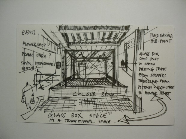 SKETCH IDEA FOR A TEMPORARY OR PERMANENT RETAIL UNIT @ UNDERPASS AT POSTINGS SHOPPING CENTRE